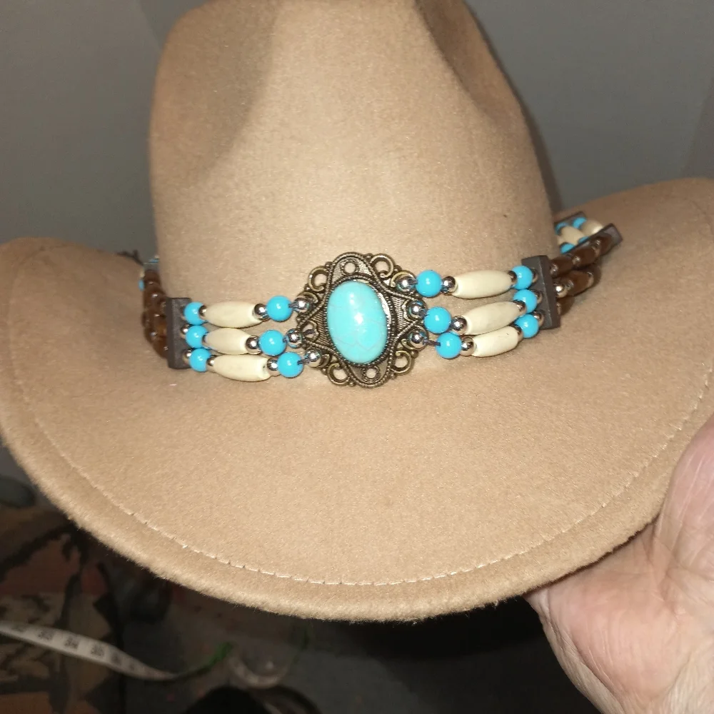 Tan Western Hat with Turquoise and Brown Beaded Band - Picture 8 of 9